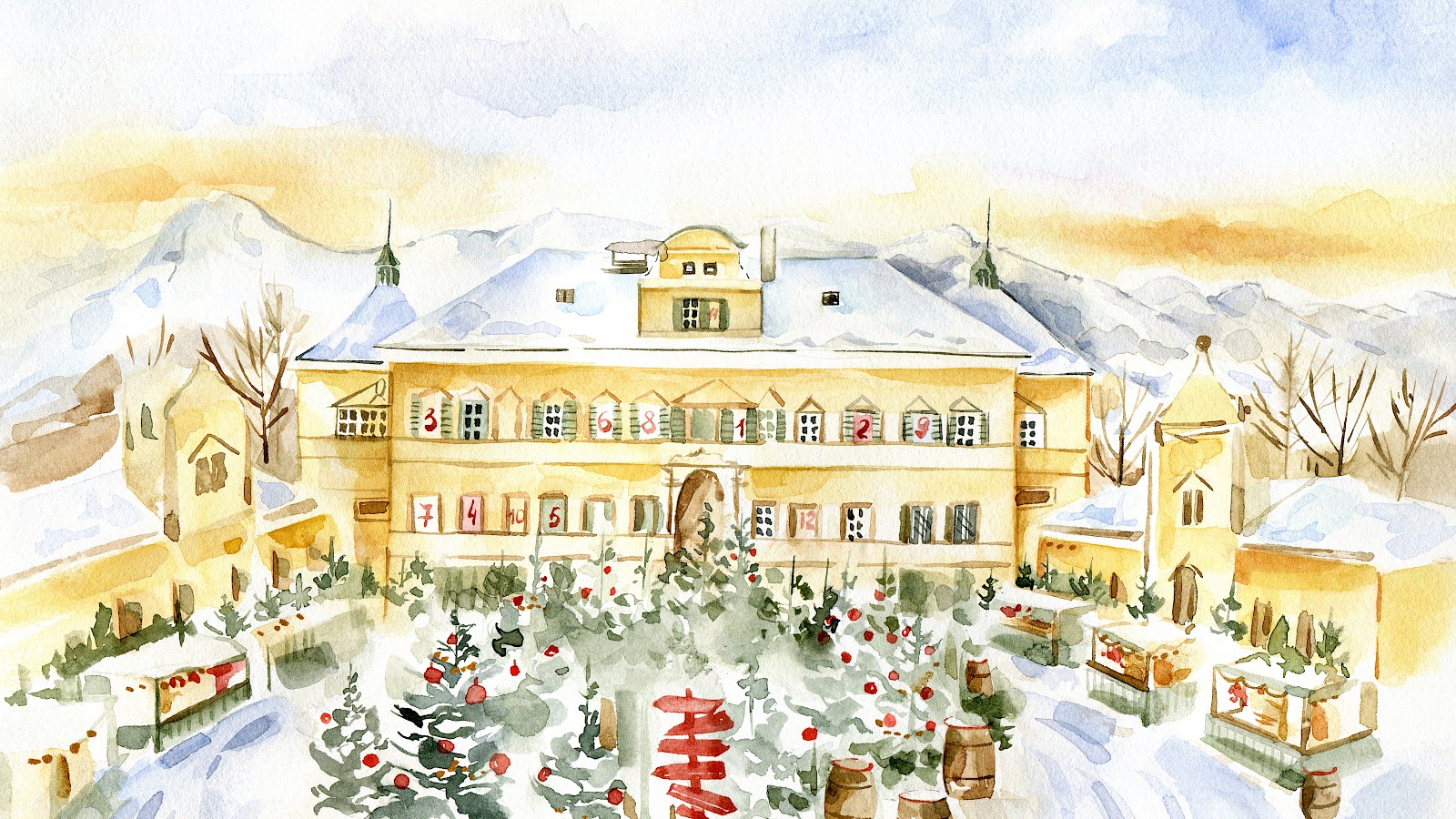 Hellbrunner Adventzauber (c) Gassner Gastronomie: Die festlich geschmückte Szenerie zeigt den stimmungsvollen Weihnachtsmarkt im Innenhof des Schloss Hellbrunn. Im Zentrum stehen prachtvoll dekorierte Weihnachtsbäume, umgeben von zahlreichen Verkaufsständen mit Lichtern und typischen Holzdächern. Viele Besucher schlendern durch den Markt und genießen die vorweihnachtliche Atmosphäre. Das Schloss im Hintergrund ist in magischem Violett beleuchtet und rundet das romantische Bild ab. Die klare Dämmerung verstärkt die Wirkung der Lichter und verleiht dem Ort eine märchenhafte Stimmung. Ein idyllisches Beispiel für europäische Adventstraditionen.